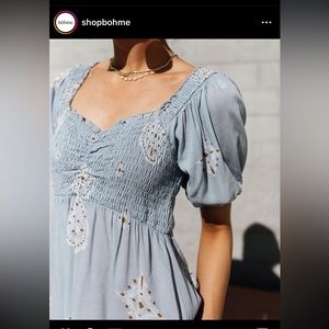 Cute Bohme midi dress in light blue with embroidered smocking